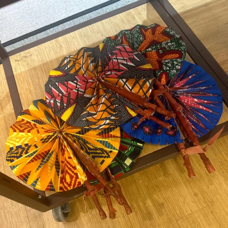 Handmade African Folding Fan – Vibrant Ankara Print, Leather Handle